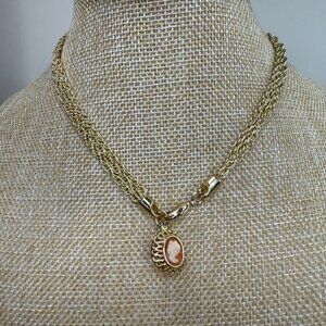 Vintage Gold-Tone Multi-Strand Chain Necklace W/ Floral Cameo Pendant
